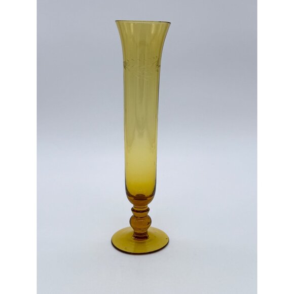 Vtg. Etched Leaf Amber Crystal Slim Bud Vase 8.25" tall - Picture 1 of 6